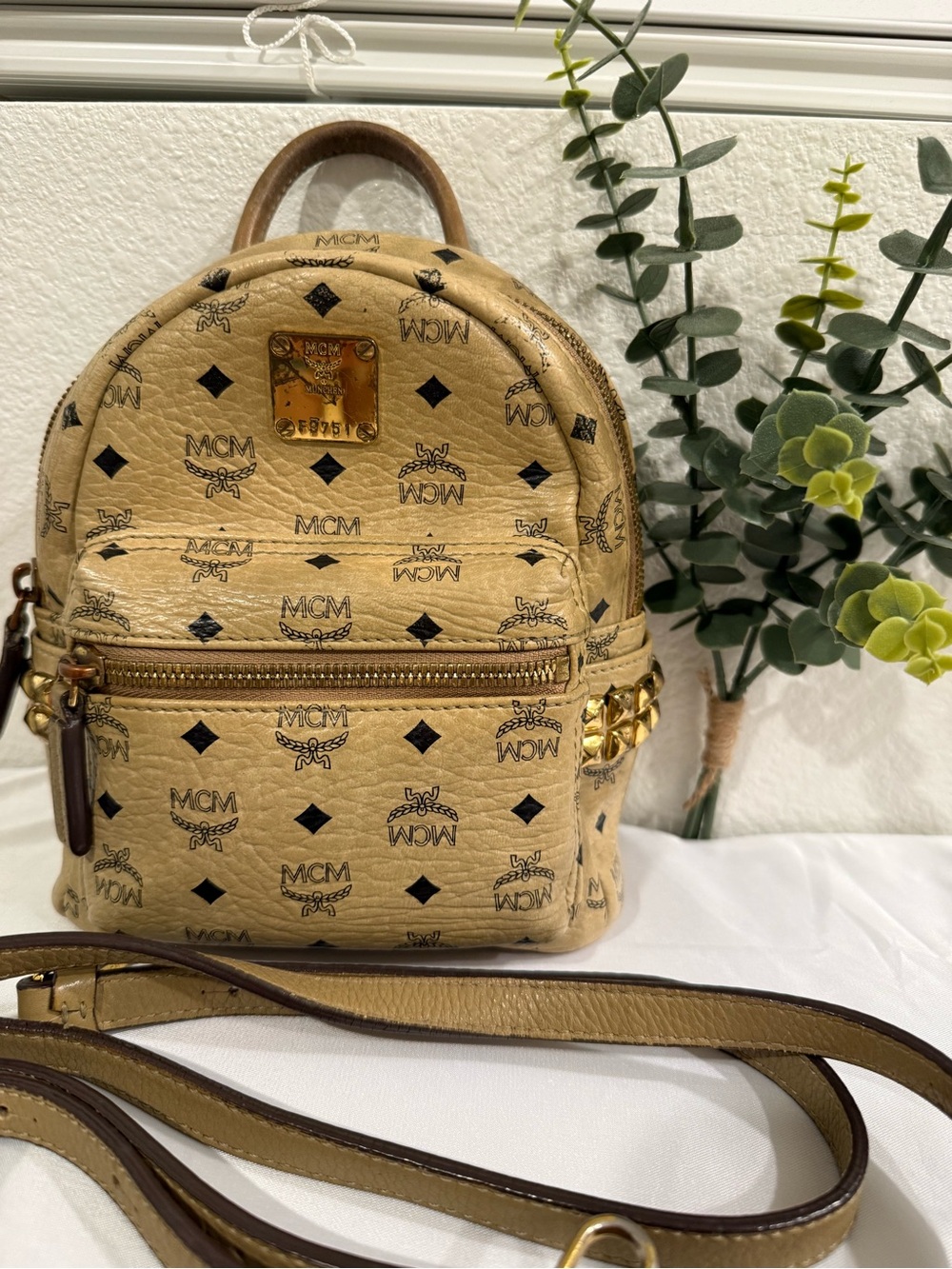 MCM Mini Stark Backpack Crossbody Cognac Visetos Preloved